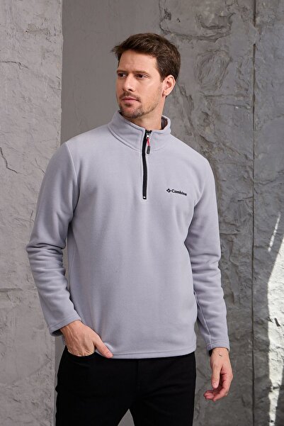 COMBİNE MİCHAİL Erkek Kışlık Kalın Yarım Fermuar Pamuklu Kumaş Polar Ceket GRİ