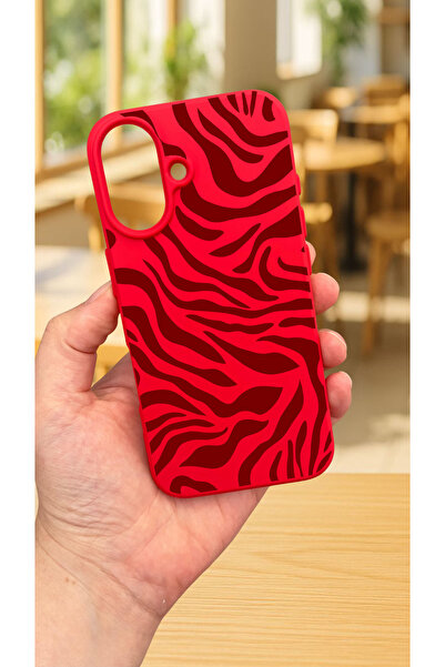 Vip Case iPhone 16 - KIRMIZI ZEBRA DESENLİ Silikon Darbe Emici Klasik Korumalı Rubber Kılıf
