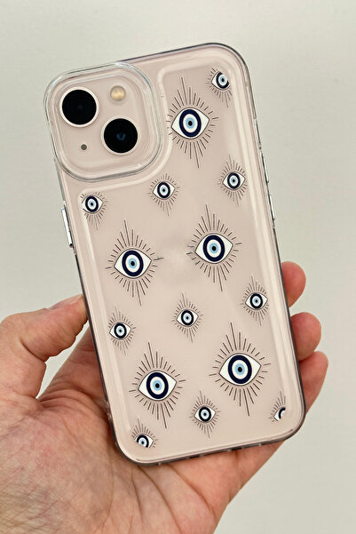 Vip Case iPhone 13/14/15-Parlak Metal Tuşlu Mavi Göz Desenli Basmalı Darbe Emici Sağlam EVİL EYE Kılıf 277