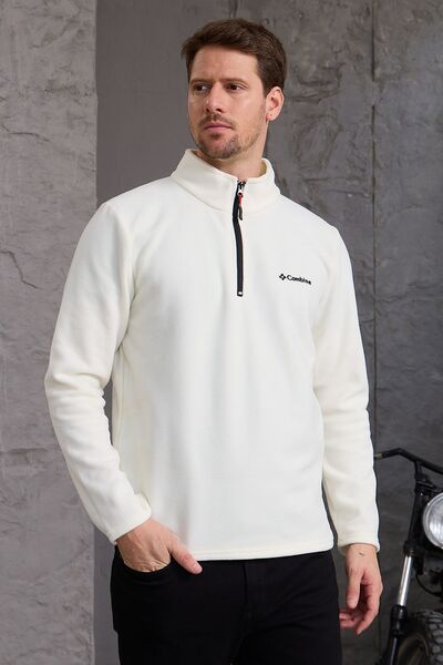 COMBİNE MİCHAİL Erkek Kışlık Kalın Yarım Fermuar Pamuklu Kumaş Polar Ceket EKRU