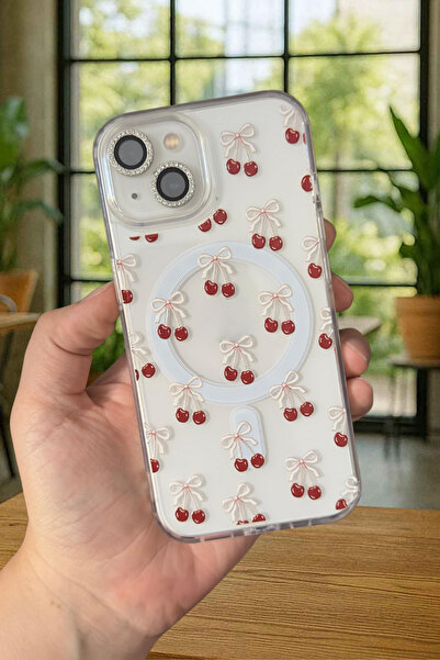 Vip Case Apple iPhone 13 Ve 14 Uyumlu Kılıf Fiyonk Kiraz Desenli Magsafe Özellikli Sert Şeffaf V-Mags 277