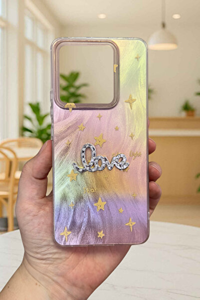 Vip Case Redmi Note 13 Pro 5G Uyumlu Hologramlı Renk Değiştiren Yıldız Desenli Taşlı Yazılı StarLove Kılıf