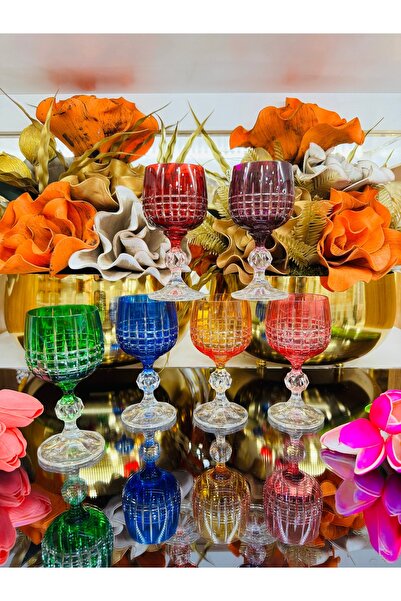 EVRA Bohemia Kristal Renkli El İşi Ayaklı Lizbon Model Kahve Yanı Su Bardağı ...