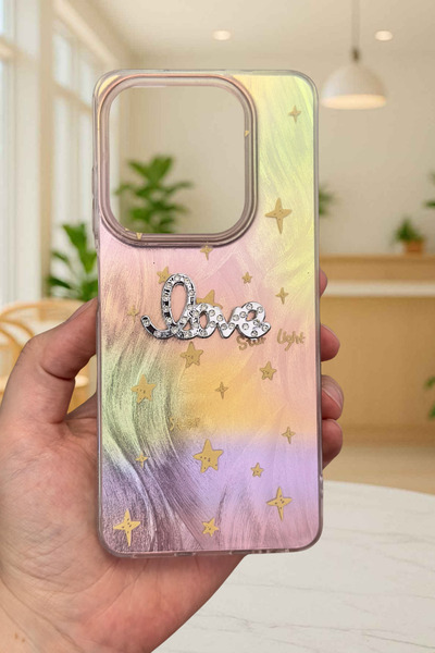 Vip Case iNfinix Hot 40İ Uyumlu Hologramlı Renk Değiştiren Yıldız Desenli Taşlı Yazılı StarLove Kılıf