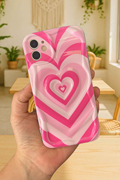 Vip Case iPhone 12 - PEMBE Kalp Desenli Kabartmalı Zarif 3D Şeffaf Kamera Korumalı Silikon Kılıf277
