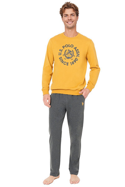 U.S. Polo Assn. Erkek Uzun Kollu Pijama Takımı – Hardal Üst & Gri Alt