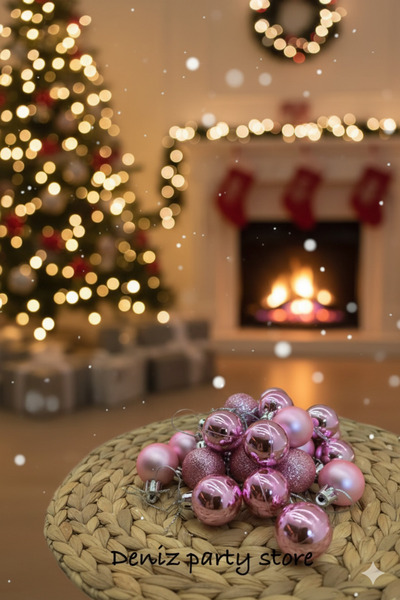 Deniz Party Store 24 Adet  Pembe Yılbaşı Ağaç Süsü Cici Top  3 Cm