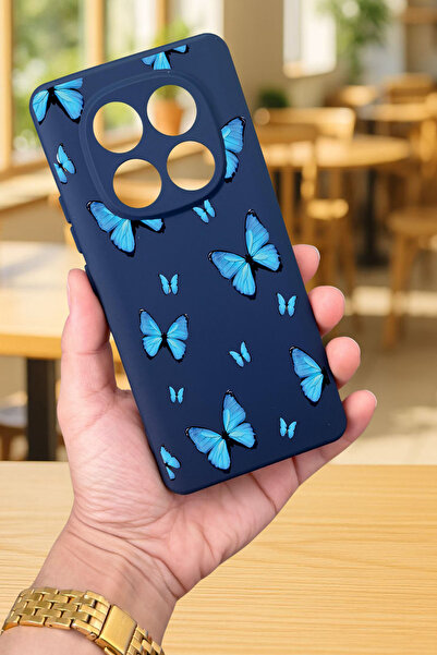 Vip Case Xiaomi Redmi Note 14 Pro 4G-MAVİ KELEBEK DESENLİ Silikon Darbe Emici Klasik Korumalı Rubber Kılıf