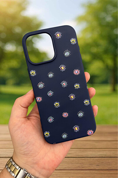 Vip Case iPhone 14 Plus/15 Plus Uyumlu MİNİ EVIL EYE DESENLİ Darbeye Dayanıklı Klasik Silikon Rubber Kılıf