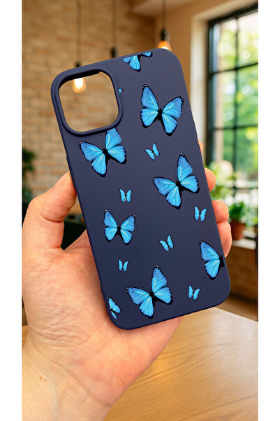 Vip Case iPhone 12 ve 12 Pro Uyumlu MAVİ KELEBEK DESENLİ Silikon Darbe Emici Klasik Korumalı Rubber Kılıf
