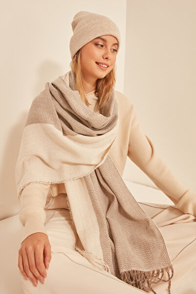 Axesoire 13804 Yumuşak Dokulu Balıksırtı Desenli Ekru-Vizon Kalın Şal