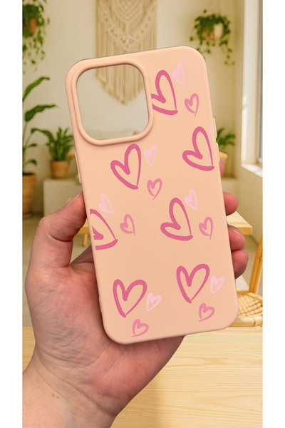 Vip Case iPhone 15 Pro Max Uyumlu PEMBE KALP DESENLİ Silikon Darbe Emici Klasik Korumalı Rubber Kılıf