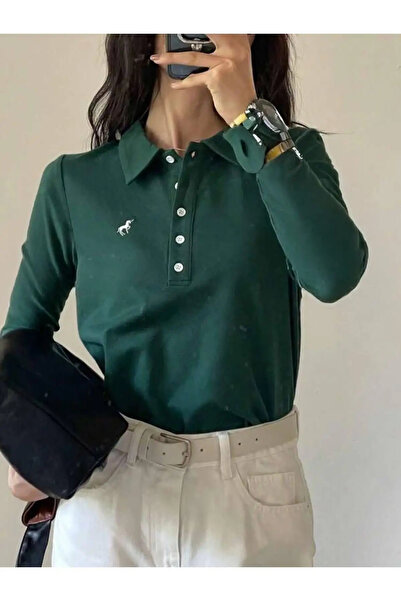 Violon تي شيرت بياقة بولو وأكمام طويلة مطرز باللون الأخضر