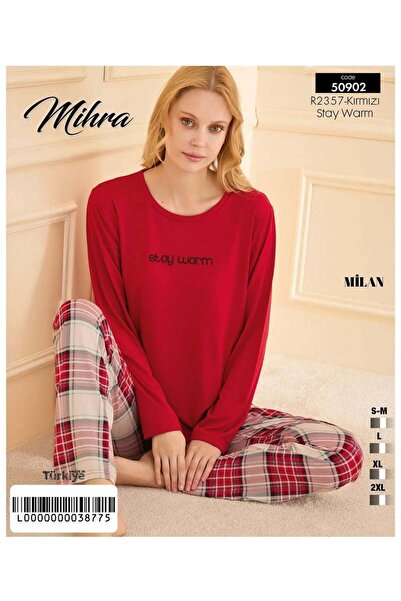 Mihra Kırmızı Renkli Milan Kumaş Sıfır Yaka Uzun Kollu Kadın Pijama Takımı