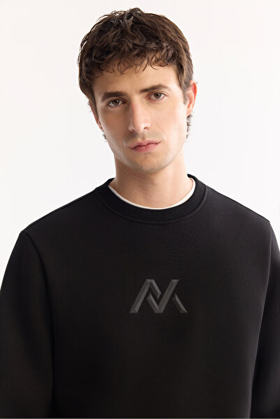 Avva Erkek Siyah Bisiklet Yaka Pamuklu Şardonlu Baskılı Regular Fit Sweatshirt A52Y1327