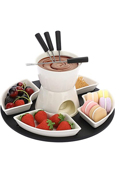 erorex White Ceramic Chocolate Fondue Set, Cheese Ice Cream Thermos, 300Ml Butter Fondue Set, Tealight
