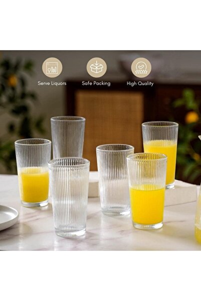 erorex Set 6 Tall Glass Tumblers Transparent Ribbed Textured Design Glasses Ideal Water, Juice, Cocktails,