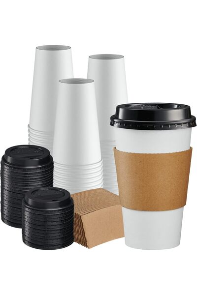 erorex Comfy Package [16 Oz. 100 Sets Disposable Coffee Cups Lids Sleeves Go Paper Hot Cups Travel Office