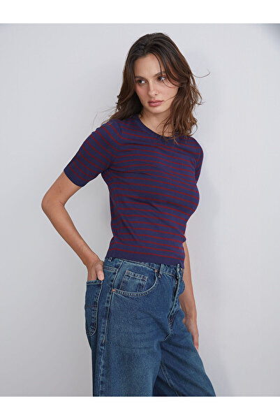 LC Waikiki Pulover tricotat pentru femei LCW Vision Navy Blue guler rotund cu dungi