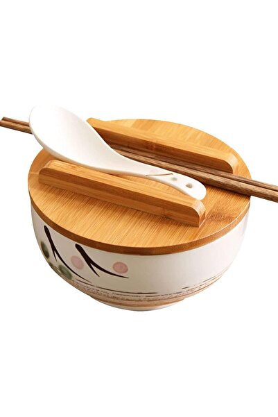 erorex وعاء سيراميك أبيض مع غطاء وملعقة وعيدان طعام على الطراز الياباني التقليدي
