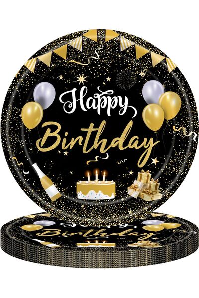 erorex Black Gold Birthday Party Tableware Set Black Party Plates Napkins Disposable Paper Birthday