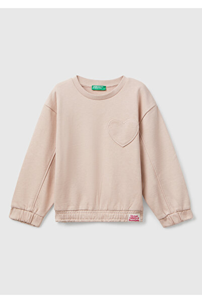 United Colors of Benetton Girl's Dusty Pink Regular Fit Sweatshirt with Stitching Detail and Heart Patch Pockets