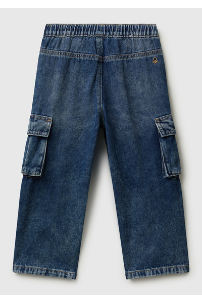 United Colors of Benetton Boy's Dark Blue Denim Pants with Logo Detail on the Back and Side Pockets with Drawstring