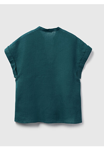 United Colors of Benetton Women's Dark Green 100% Linen V-Neck Kimono Sleeve Blouse