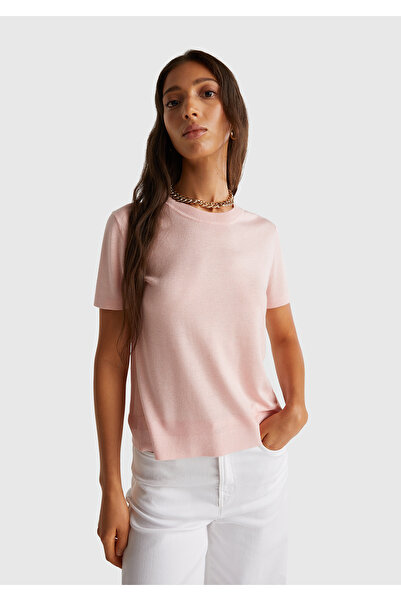 United Colors of Benetton Women's Dusty Pink Silk Blend Round Neck Short Sleeve Sweater with Front Detail