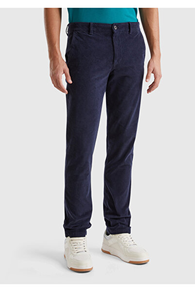 United Colors of Benetton Men's Navy Blue Cotton Blended Slim Fit Velvet Trousers with Ribbed Back Pockets