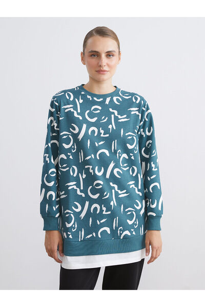 LC Waikiki Γυναικείο φούτερ με μοτίβο LCW Modest Petrol Crew Neck