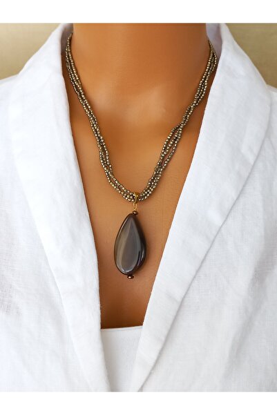 LemaStone قلادة من الحجر الطبيعي؛ سلسلة متعددة من حجر الهيماتيت، قلادة من حجر...