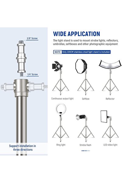 NEEWER 7.2ft/2.2m Stainless Steel Spring-Cushioned Light Stand with 1/4"-3/8" Adapter