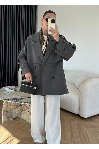 My Blog Antrasit Oversize Düşük Omuz Kısa Trenç - 9580