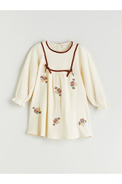 LC Waikiki LCW Παιδικό φόρεμα με λαιμόκοψη λουλουδάτο μουσελίνα για κορίτσια (W5)