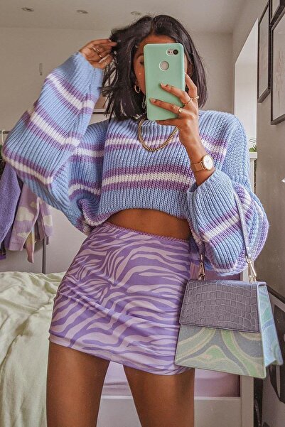 Seeh سترة نسائية محبوكة مخططة باللون الأرجواني SH293