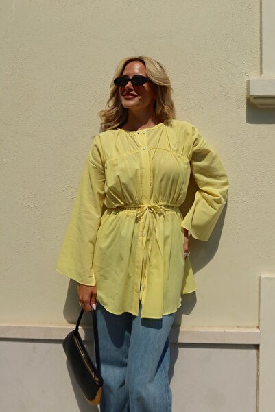 Laluvia Voule Linen Shirt with Yellow Waist Detail