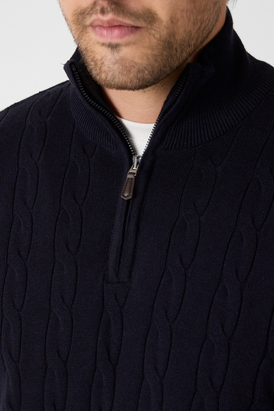 Frappoli Satka Men's Navy Blue Thick Hair Knitted Half Zipper Cotton Sweater