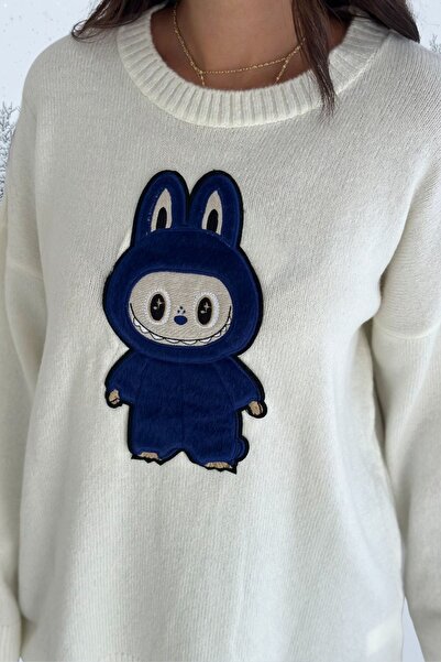 Moda Amore Labubu Апликация Бродиран Оверсайз Плетен Пуловер | Сив, Бял, Бордо, Жълт, Син, Тъмносин, Розов 66022