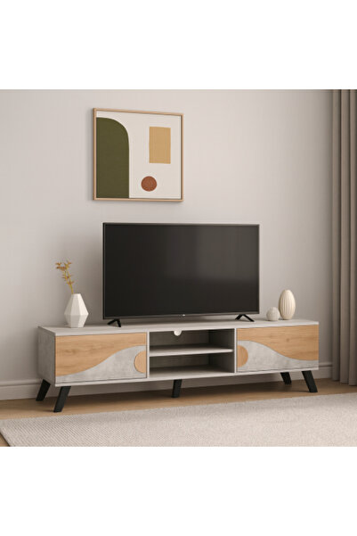 BAITY Wooden TV Table with Drawers 160 cm - Malaysian Made in Gray and Beige