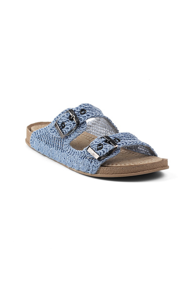 KAJILA Women's Blue Straw Slippers Knitted Lace Embroidered Knitwear Summer Vacation Home Casual Slippers