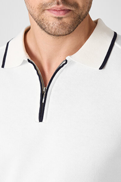 Frappoli Solin Men's Bone Italian Ribbed Zippered Cotton Sports Polo Collar