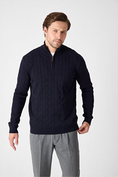 Frappoli Satka Чоловічий темно-синій светр з товстою в'язкою та напівзастібкою на блискавці з бавовни