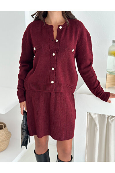 b buhari bykoc Buttoned Soft Texture Cardigan and Skirt Knitwear Set