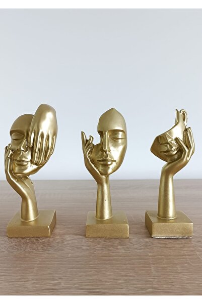 rakaymu 3 Lü El Yapımı Altın Soyut El Yüz Biblo Heykel Dekoratif Obje Seti