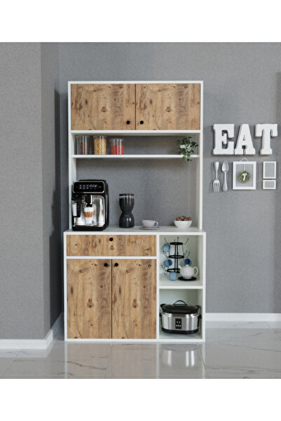 Alfimo Mobilya LUWAK KAHVE KÖŞESİ ÇEKMECELİ ÇOK AMAÇLI MUTFAK DOLABI BEYAZ&CEVİZ AFM150