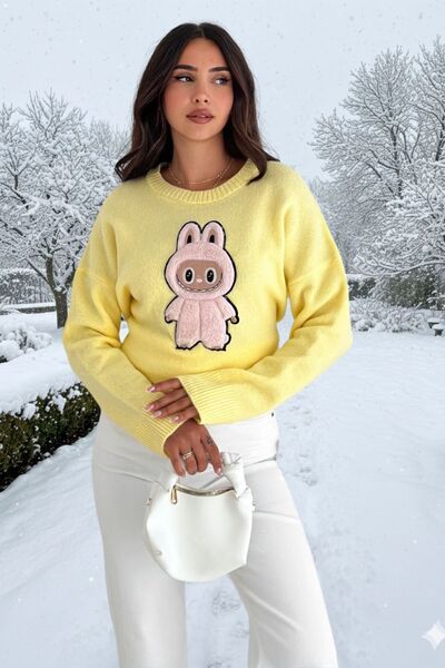 Moda Amore Labubu Appliqué Embroidered Oversized Sweater |   Gray, White, Burgundy, Yellow, Blue, Navy Blue, Pink 66022