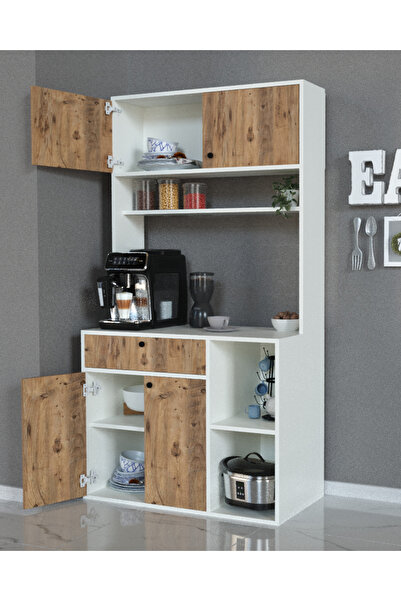 Alfimo Mobilya LUWAK KAHVE KÖŞESİ ÇEKMECELİ ÇOK AMAÇLI MUTFAK DOLABI BEYAZ&CEVİZ AFM150
