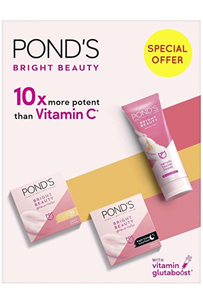 Ponds مجموعة بوندس من سيروم الوجه برغوة برايت بيوتي وكريم فائق بعامل حماية من الشمس 30 وكريم ليلي فائق