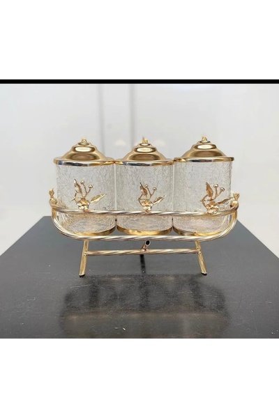 AZADE BAKIR Gold Brass Japongul Mini Cracked Jar with Stand, Set of 3